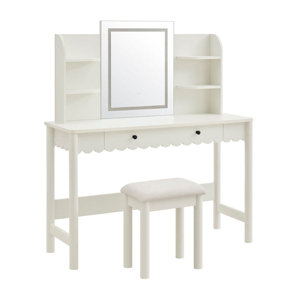 Modway Furniture Emmeline Scalloped Vanity with Led Mirror Stool Feminine Bedroom Dressing Table EEI-7726-WHI-IVO