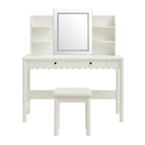 Modway Furniture Emmeline Scalloped Vanity with Led Mirror Stool Feminine Bedroom Dressing Table EEI-7726-WHI-IVO