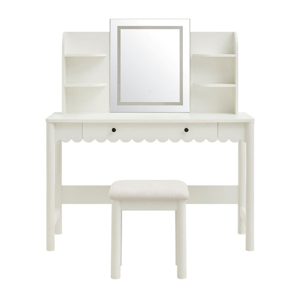 Modway Furniture Emmeline Scalloped Vanity with Led Mirror Stool Feminine Bedroom Dressing Table EEI-7726-WHI-IVO