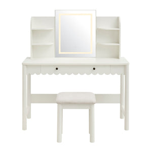 Modway Furniture Emmeline Scalloped Vanity with Led Mirror Stool Feminine Bedroom Dressing Table EEI-7726-WHI-IVO