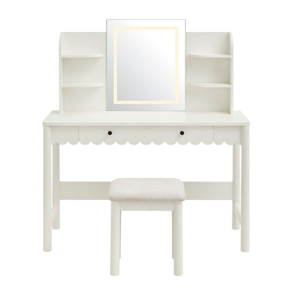 Modway Furniture Emmeline Scalloped Vanity with Led Mirror Stool Feminine Bedroom Dressing Table EEI-7726-WHI-IVO