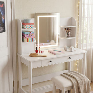Modway Furniture Emmeline Scalloped Vanity with Led Mirror Stool Feminine Bedroom Dressing Table EEI-7726-WHI-IVO