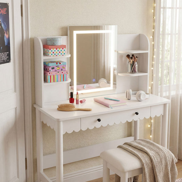 Modway Furniture Emmeline Scalloped Vanity with Led Mirror Stool Feminine Bedroom Dressing Table EEI-7726-WHI-IVO