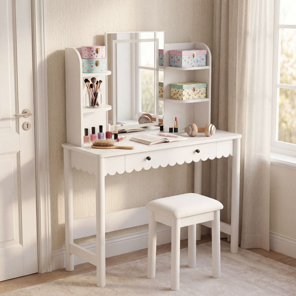 Modway Furniture Emmeline Scalloped Vanity with Led Mirror Stool Feminine Bedroom Dressing Table EEI-7726-WHI-IVO