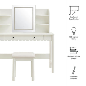 Modway Furniture Emmeline Scalloped Vanity with Led Mirror Stool Feminine Bedroom Dressing Table EEI-7726-WHI-IVO