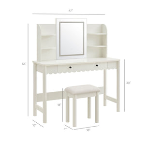Modway Furniture Emmeline Scalloped Vanity with Led Mirror Stool Feminine Bedroom Dressing Table EEI-7726-WHI-IVO