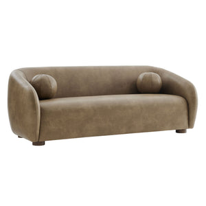 Modway Furniture Holland Curved Vegan Leather Sofa with Sculptural Form and Wood Bun Feet for Living Rooms Brown - A EEI-7742-MUS