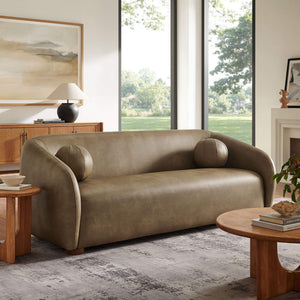 Modway Furniture Holland Curved Vegan Leather Sofa with Sculptural Form and Wood Bun Feet for Living Rooms Brown - A EEI-7742-MUS