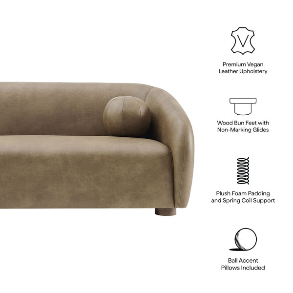 Modway Furniture Holland Curved Vegan Leather Sofa with Sculptural Form and Wood Bun Feet for Living Rooms Brown - A EEI-7742-MUS