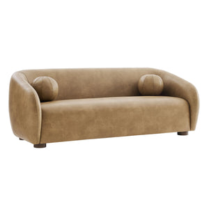 Modway Furniture Holland Curved Vegan Leather Sofa with Sculptural Form and Wood Bun Feet for Living Rooms Brown - B EEI-7742-TST