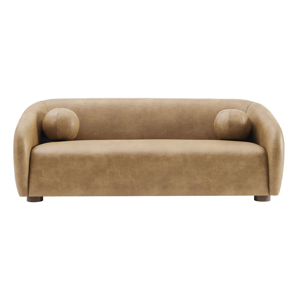 Modway Furniture Holland Curved Vegan Leather Sofa with Sculptural Form and Wood Bun Feet for Living Rooms Brown - B EEI-7742-TST