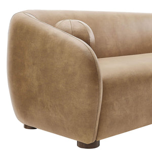 Modway Furniture Holland Curved Vegan Leather Sofa with Sculptural Form and Wood Bun Feet for Living Rooms Brown - B EEI-7742-TST