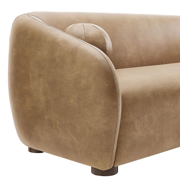 Modway Furniture Holland Curved Vegan Leather Sofa with Sculptural Form and Wood Bun Feet for Living Rooms Brown - B EEI-7742-TST