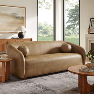 Modway Furniture Holland Curved Vegan Leather Sofa with Sculptural Form and Wood Bun Feet for Living Rooms Brown - B EEI-7742-TST