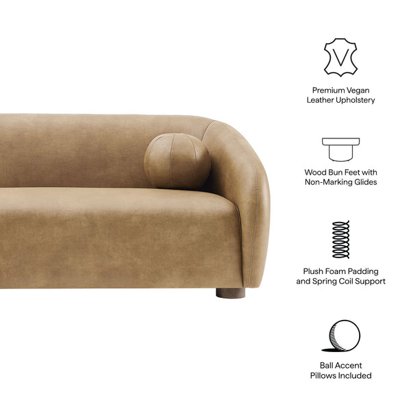 Modway Furniture Holland Curved Vegan Leather Sofa with Sculptural Form and Wood Bun Feet for Living Rooms Brown - B EEI-7742-TST