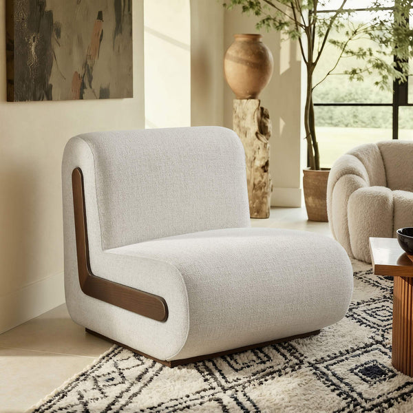 Modway Furniture Denby Linen Blend Lounge Chair with Wood Inlay Base for Mid-Century Living Rooms White EEI-7765-IVO