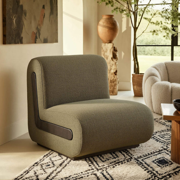 Modway Furniture Denby Linen Blend Lounge Chair with Wood Inlay Base for Mid-Century Living Rooms Green EEI-7765-OLI