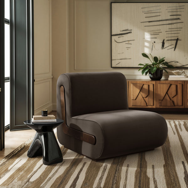 Modway Furniture Denby Modway Performance Velvet Lounge Chair with Wood Inlay Base for Living Rooms Chocolate Brown EEI-7766-CHB