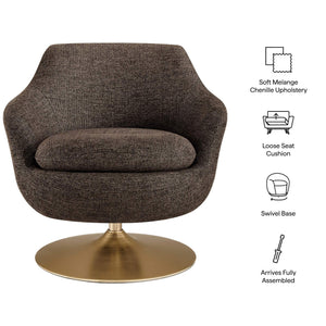 Modway Furniture Quimby Chenille Barrel Swivel Chair with Brushed Gold Base for Modern Living Espresso EEI-7768-ESP