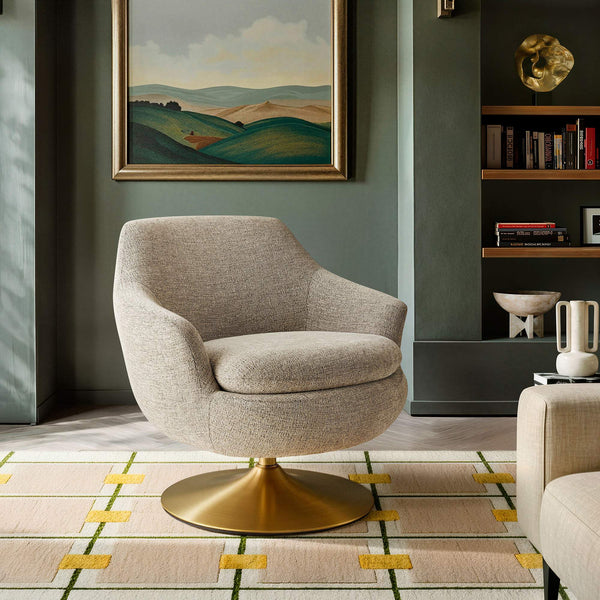 Modway Furniture Quimby Chenille Barrel Swivel Chair with Brushed Gold Base for Modern Living Flax EEI-7768-FLX