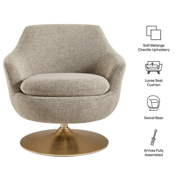 Modway Furniture Quimby Chenille Barrel Swivel Chair with Brushed Gold Base for Modern Living Flax EEI-7768-FLX