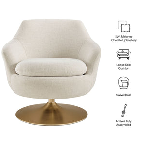 Modway Furniture Quimby Chenille Barrel Swivel Chair with Brushed Gold Base for Modern Living Ivory EEI-7768-IVO
