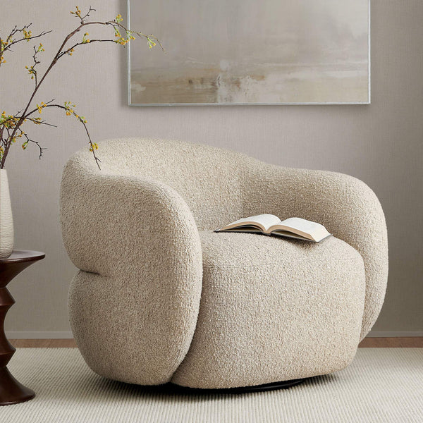 Modway Furniture Selby Swivel Accent Chair Woven Nubby Fabric Rounded Wrap Arms Living Room Seat White EEI-7770-LIN