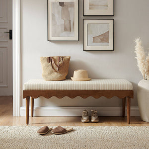 Modway Furniture Mirette Sculptural Wood Bench with Striped Cushion for Bedroom or Entryway Styling Oatmeal EEI-7781-OAS