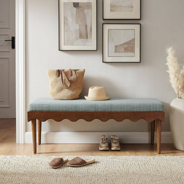 Modway Furniture Mirette Sculptural Wood Bench with Striped Cushion for Bedroom or Entryway Styling Blue EEI-7781-SPA
