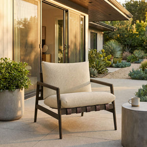 Modway Furniture Nomi Modway Outdoor Teak Sling Chair with Vegan Leather Straps and Plush Cushions Dark Brown Sand EEI-7785-DBR-SAN