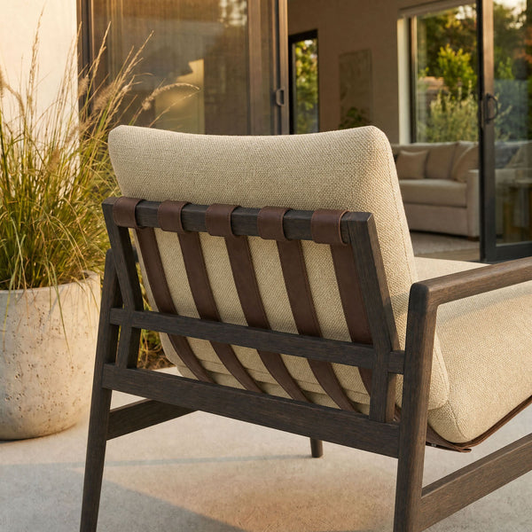 Modway Furniture Nomi Modway Outdoor Teak Sling Chair with Vegan Leather Straps and Plush Cushions Dark Brown Sand EEI-7785-DBR-SAN