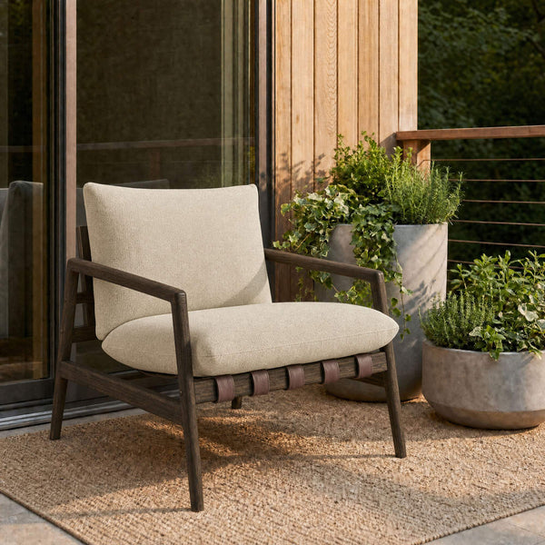 Modway Furniture Nomi Modway Outdoor Teak Sling Chair with Vegan Leather Straps and Plush Cushions Dark Brown Sand EEI-7785-DBR-SAN