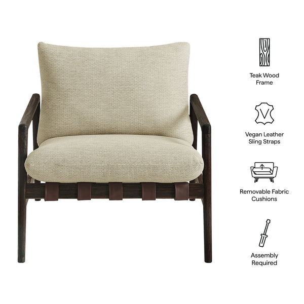 Modway Furniture Nomi Modway Outdoor Teak Sling Chair with Vegan Leather Straps and Plush Cushions Dark Brown Sand EEI-7785-DBR-SAN