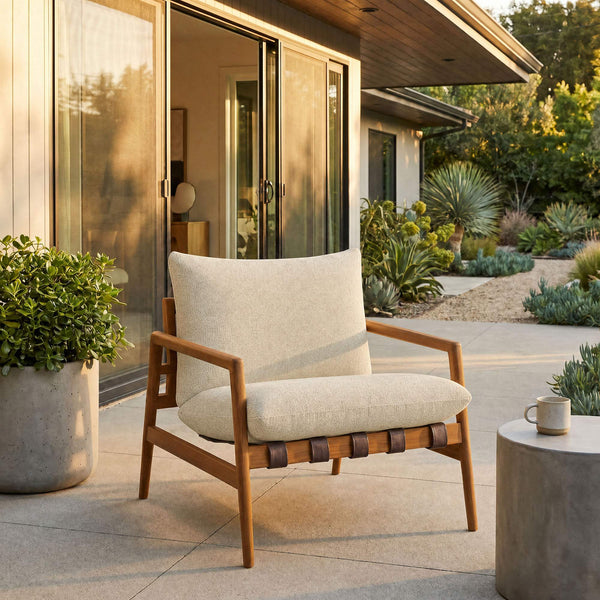 Modway Furniture Nomi Modway Outdoor Teak Sling Chair with Vegan Leather Straps and Plush Cushions Natural Sand EEI-7785-NAT-SAN