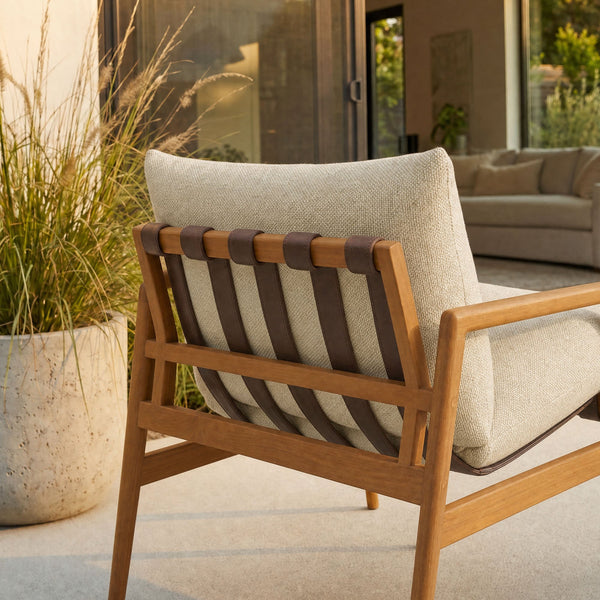 Modway Furniture Nomi Modway Outdoor Teak Sling Chair with Vegan Leather Straps and Plush Cushions Natural Sand EEI-7785-NAT-SAN