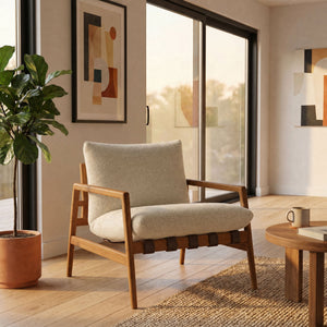 Modway Furniture Nomi Modway Outdoor Teak Sling Chair with Vegan Leather Straps and Plush Cushions Natural Sand EEI-7785-NAT-SAN