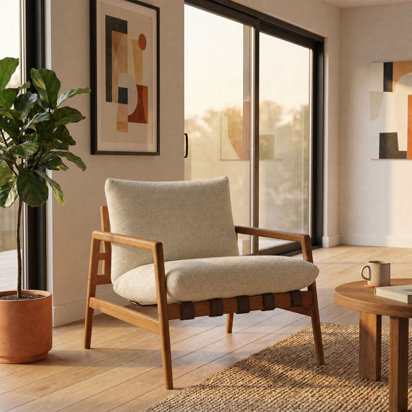 Modway Furniture Nomi Modway Outdoor Teak Sling Chair with Vegan Leather Straps and Plush Cushions Natural Sand EEI-7785-NAT-SAN