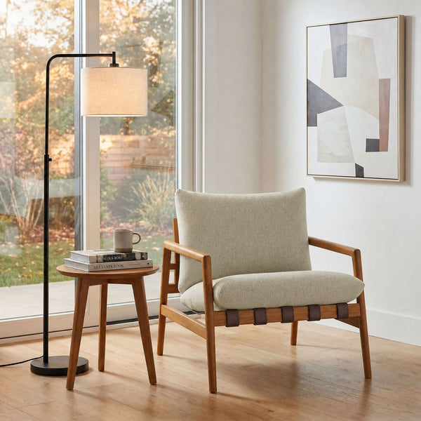 Modway Furniture Nomi Modway Outdoor Teak Sling Chair with Vegan Leather Straps and Plush Cushions Natural Sand EEI-7785-NAT-SAN