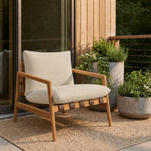 Modway Furniture Nomi Modway Outdoor Teak Sling Chair with Vegan Leather Straps and Plush Cushions Natural Sand EEI-7785-NAT-SAN