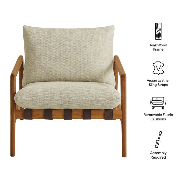Modway Furniture Nomi Modway Outdoor Teak Sling Chair with Vegan Leather Straps and Plush Cushions Natural Sand EEI-7785-NAT-SAN