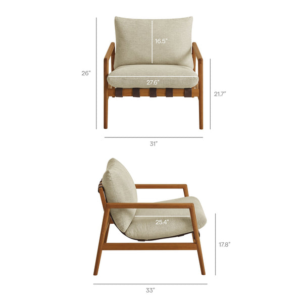 Modway Furniture Nomi Modway Outdoor Teak Sling Chair with Vegan Leather Straps and Plush Cushions Natural Sand EEI-7785-NAT-SAN