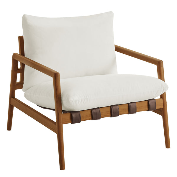 Modway Furniture Nomi Modway Outdoor Teak Sling Chair with Vegan Leather Straps and Plush Cushions Natural White EEI-7785-NAT-WHI