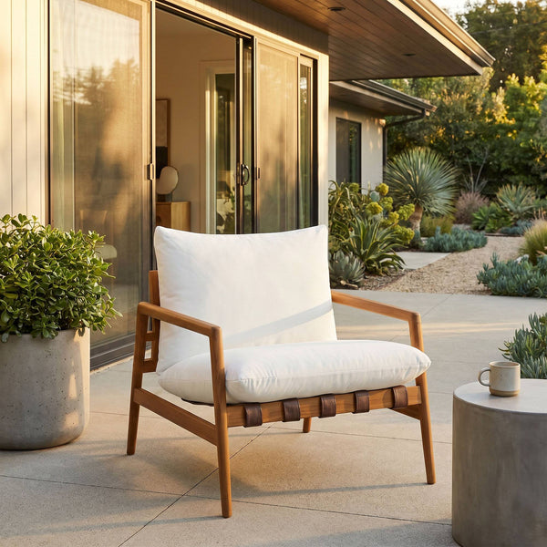 Modway Furniture Nomi Modway Outdoor Teak Sling Chair with Vegan Leather Straps and Plush Cushions Natural White EEI-7785-NAT-WHI