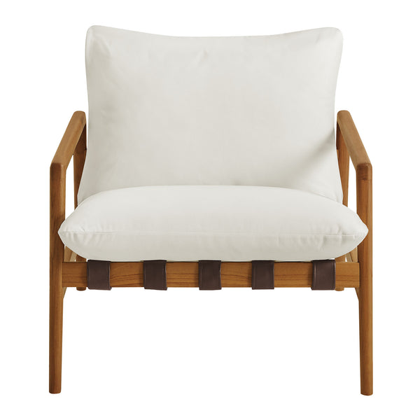 Modway Furniture Nomi Modway Outdoor Teak Sling Chair with Vegan Leather Straps and Plush Cushions Natural White EEI-7785-NAT-WHI