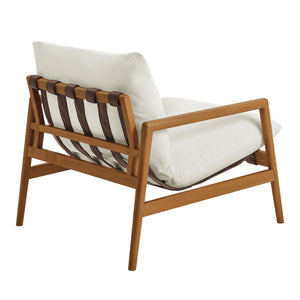 Modway Furniture Nomi Modway Outdoor Teak Sling Chair with Vegan Leather Straps and Plush Cushions Natural White EEI-7785-NAT-WHI