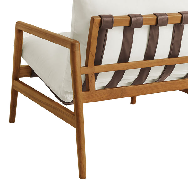 Modway Furniture Nomi Modway Outdoor Teak Sling Chair with Vegan Leather Straps and Plush Cushions Natural White EEI-7785-NAT-WHI