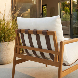 Modway Furniture Nomi Modway Outdoor Teak Sling Chair with Vegan Leather Straps and Plush Cushions Natural White EEI-7785-NAT-WHI