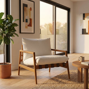 Modway Furniture Nomi Modway Outdoor Teak Sling Chair with Vegan Leather Straps and Plush Cushions Natural White EEI-7785-NAT-WHI