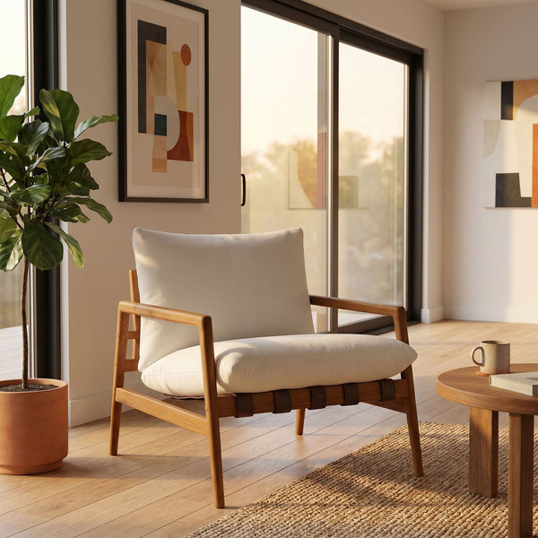 Modway Furniture Nomi Modway Outdoor Teak Sling Chair with Vegan Leather Straps and Plush Cushions Natural White EEI-7785-NAT-WHI
