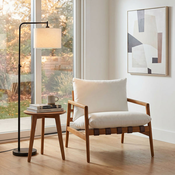 Modway Furniture Nomi Modway Outdoor Teak Sling Chair with Vegan Leather Straps and Plush Cushions Natural White EEI-7785-NAT-WHI